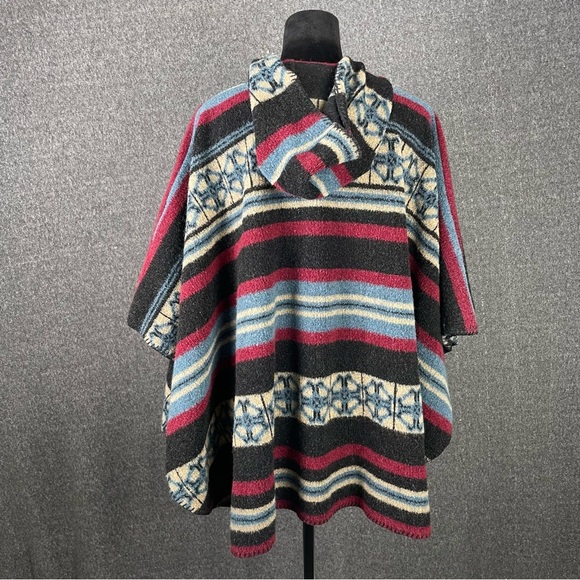 Vermont Country Store Wool Hooded Poncho Jacket Aztec Western Stripe Cabin S/M - Picture 6 of 13